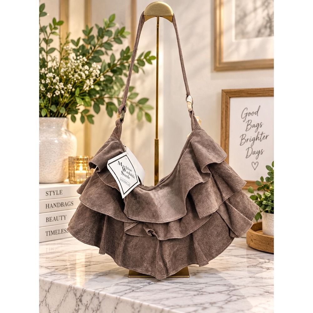Lizden Brown Washable Suede Ruffle Tiered Boho Hobo Shoulder Bag NWT